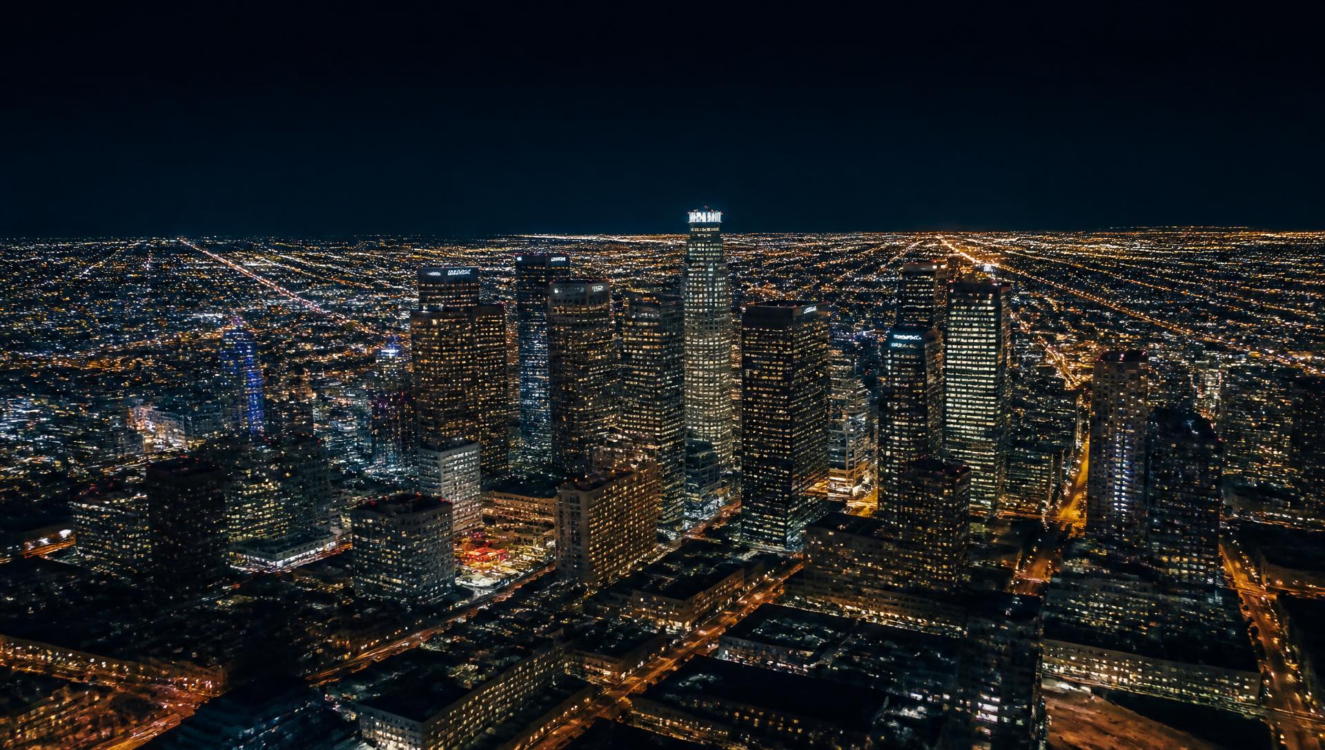 Downtown Los Angeles glowing at night, seen from above