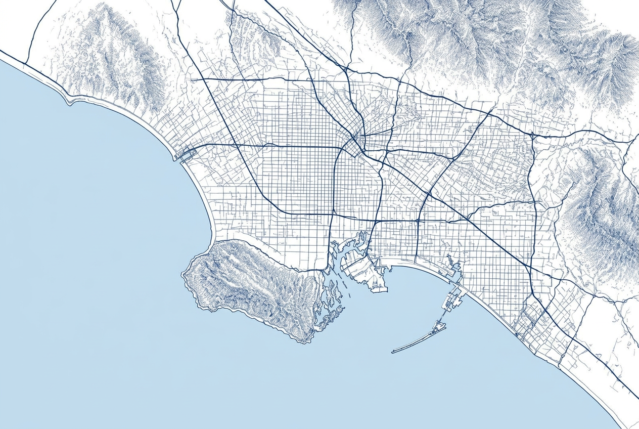 Illustrated map of the Los Angeles basin, South Bay and Long Beach