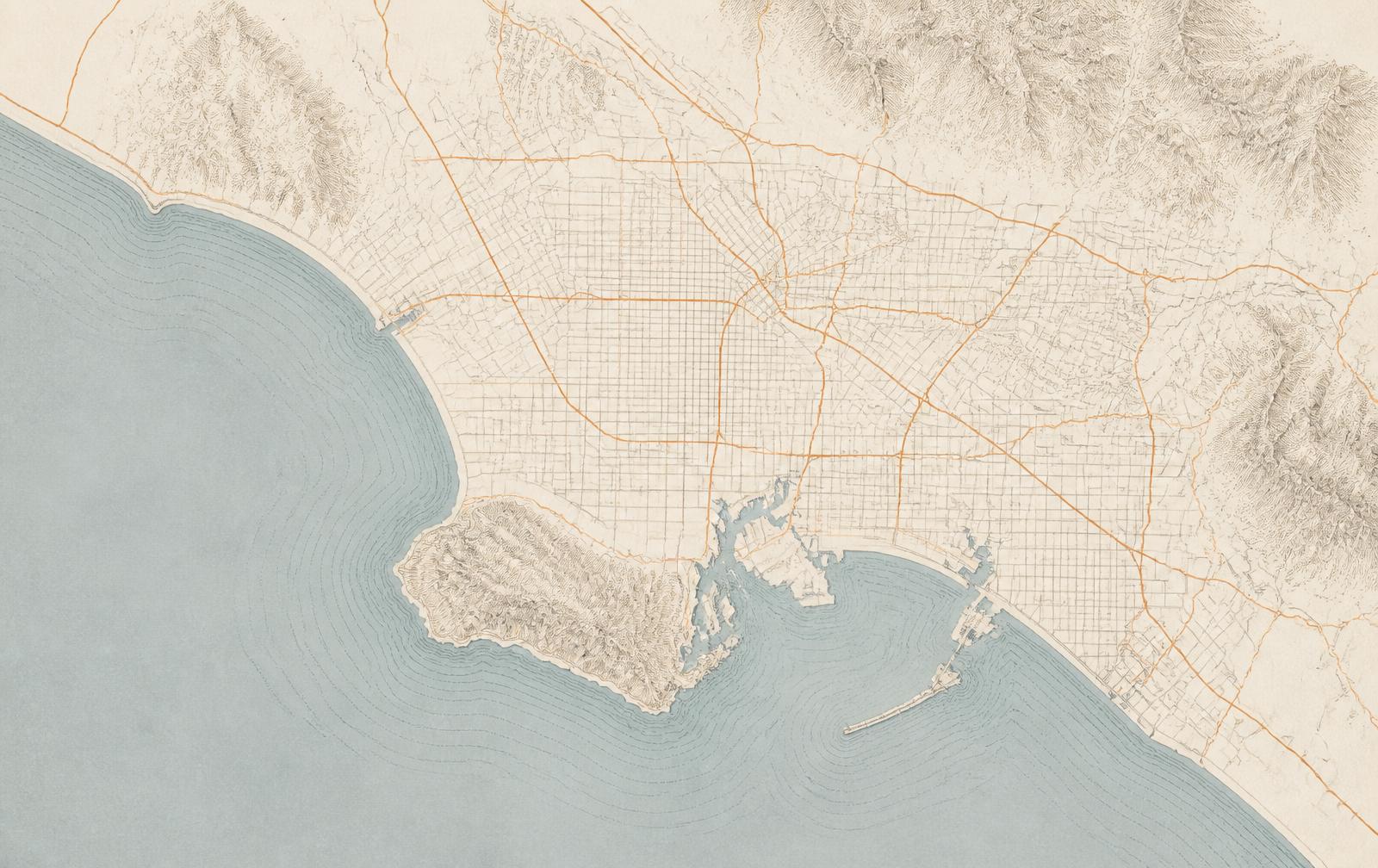 Illustrated map of the Los Angeles basin, South Bay and Long Beach